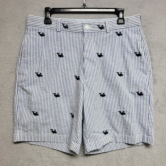 Brooks Brothers Shorts Mens 34 Blue White Seersucker Embroidered Whale Print - Picture 1 of 9